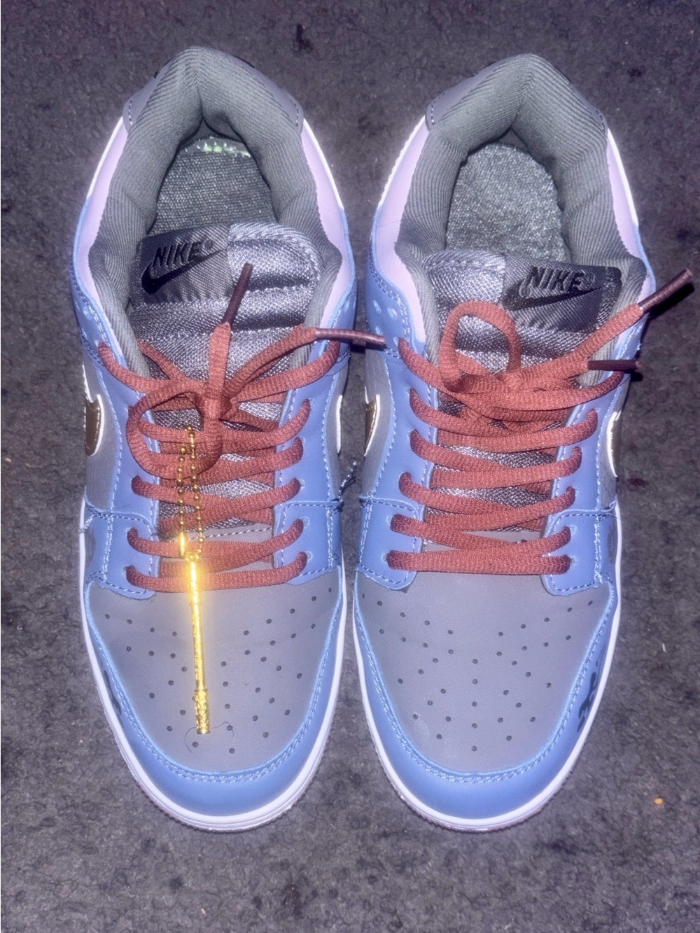 Nike Kids' Gray and Light Blue Sneakers with Brown Laces